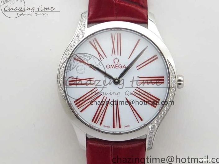 0402 Ladies’ De Ville Trésor Diamond SS 3AF 1:1 Best Edition White Dial On Red Leather Strap Swiss Quartz Snug 7885